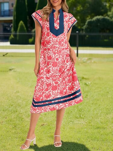 Image of Wenrine Womens Summer Floral Maxi Dress Casual Short Cap Sleeve V Neck Color Block Side Slit Loose Boho Beach Dresses