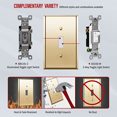 Image of ENERLITES Toggle Light Switch Metal Wall Plate, Stainless Steel Switch Cover, Corrosion Resistant, Mid-Size 1-Gang 4.88 inch x 3.11 inch, Stainless Steel 201, 7711M-PB, Polished Brass