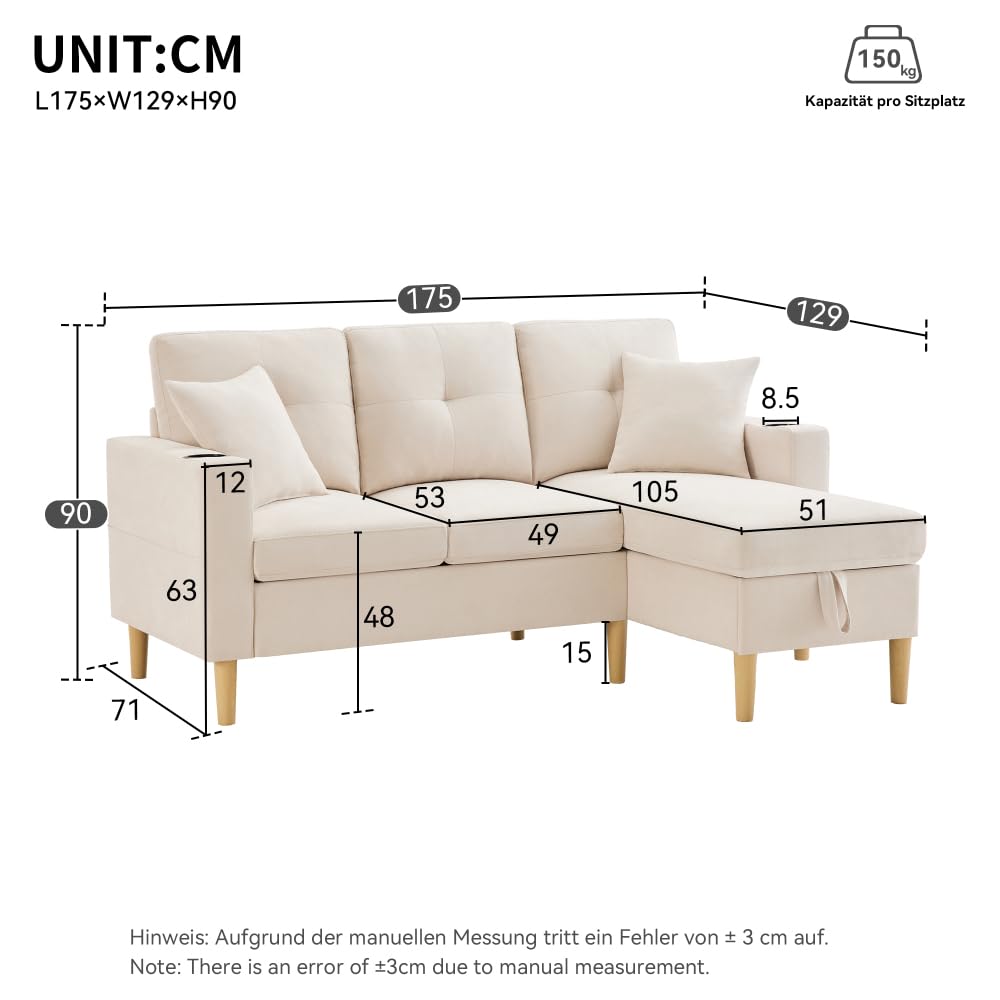 Sofá esquinero intercambiable, sofá de 3 plazas con chaise longue, sofás de esquina modernos con espacio de almacenamiento, 2 portavasos, 2 cojines, sofá esquinero en L con bolsillo lateral, para