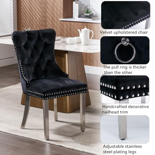 Image of 9 Pieces White Faux Marble Extendable Dining Table Set, 63 inch-94 inch Rectangular Expanding Kitchen and Dining Room Table Set for 8 with Mirrored Acrylic Base & Black Velvet Upholstered Chairs