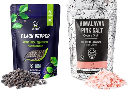 Soeos Whole Black Peppercorns 12oz + Himalayan Pink Salt 2lb, Salt and Pepper for Grinders, Black Peppercorn Refil, Pink Himalayan Sea Salt, 2 Piece Set