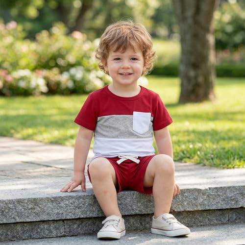 Image of Toddler Boy Clothes Baby Summer Outfit Patchwork Tee Shorts 12M-4T | Soft Patchwork Tee, Pocket Shorts With Stretch Waistband, Breathable For Summer Play, Machine Washable