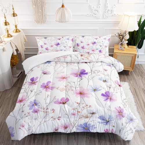 Image of AILONEN Delicate Floral Comforter Set Full Size, Lavender Stem Bedding Ensemble, Airy Blossom Bedspread Quilt with 2 Pillowcases for Teen Room