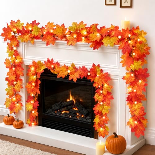 Meknow Fall Decor Fall Decorations for Home 9FT Plug in Fall Garland with Lights 50 Orange Bulbs Connectable Lighted Fall Garland Light for Indoor Outdoor Halloween Thanksgiving Harvest Decorations