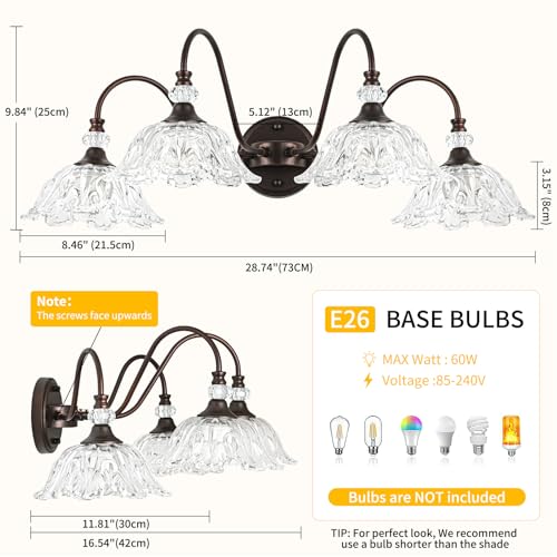 Image of Oil Rubbed Bronze Finish Bathroom Vanity Light, 4-Light Vintage Vanity Light with Floral Clear Glass Shades, Retro Wall Mount Lighting for Bathroom, Dressing Table
