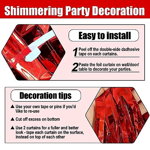 Image of 6 Pack Red Foil Fringe Curtain Backdrop, 3.28Ft x 8.2Ft Metallic Tinsel Foil Fringe Streamer Curtains for Photo Booth, Christmas Day, Thanksgiving, Wedding, New Year Party Decorations
