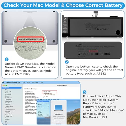 Image of A1286 Battery,A1382 Battery Replacement for MacBook Pro 15 Inch A1286 Early 2011 Late 2011 Mid 2012 EMC 2353 2563 2556 (Upgraded High Performance 10.95V 77.5Wh 7000mAh)