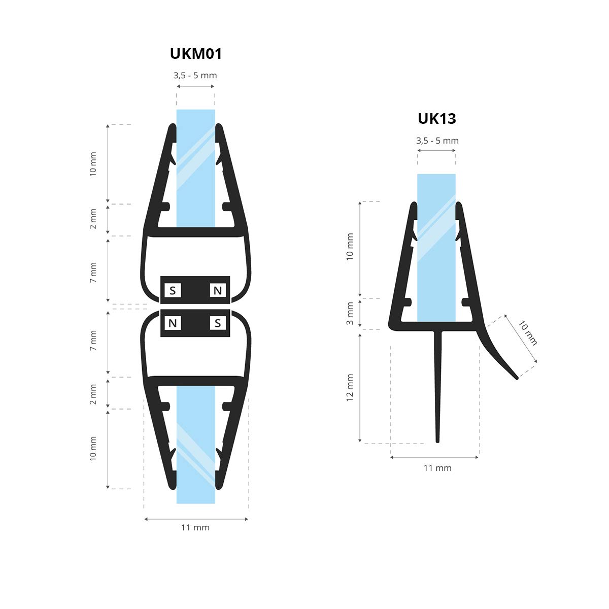 STEIGNER Junta mampara ducha UK13 100cm (1 ud.) transparente para puerta 3,5-5 mm - Set con 2x juntas magnética UKM01 200cm para puertas de ducha 180° - Ajuste perfecto, Fácil instalación, Impermeable
