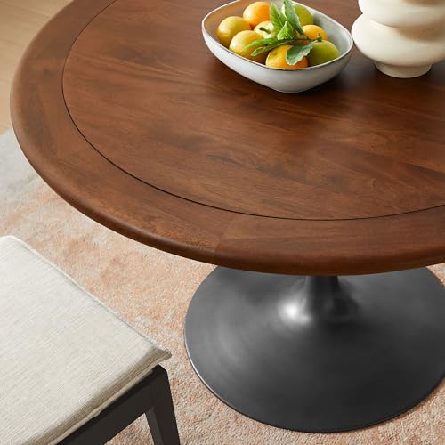 Image of Modway Lippa 48 Inch Round Wood Dining Table with Metal Pedestal in Black Walnut - Modern Industrial Dining Table for 4 People - Solid Wood Tulip Kitchen Table