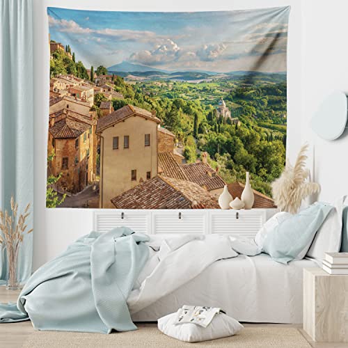 Lunarable Tuscan Tapestry, Scenic Sunset Rural Landscape Panorama Cypresses Forest Hills Greenery Blue Sky Clouds Print, Fabric Wall Hanging Decor For Bedroom Living Room Dorm, 45" X 30", Ivory Green #TOP4