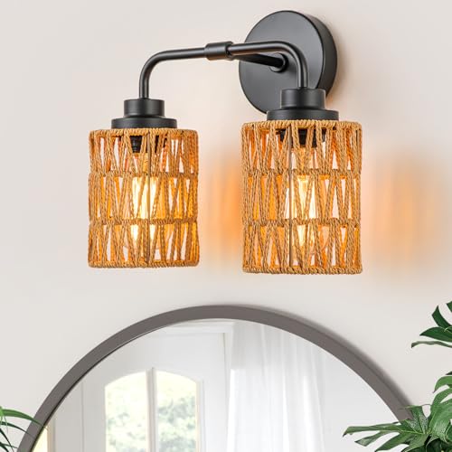 Image of Boho Bathroom Light Fixtures, 2-Light Rustic Vanity Lights Over Mirror | Hand-woven Rattan Wicker Shades, Farmhouse Rustic Vanity Lighting for Bedroom Bathroom Hallway Restroom