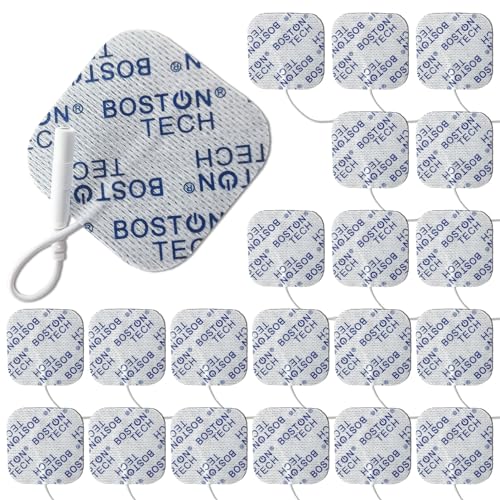 Set de 20 Electrodos Boston Tech. Pads 5x5 cm. Compatibles con Electro Estimuladores TENS EMS de Conector 2 mm Tipo Pigtail (Clavija). Reutilizables con Óptima Adherencia. No Requiere Gel.