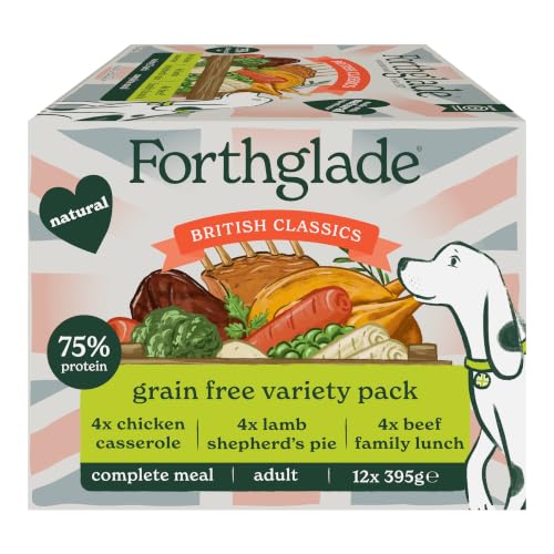 Forthglade British Classics Wet Dog Food Variety Pack (12 x 395g Trays) - Grain Free & Hypoallergenic Dog Food Adult 1 Year+ Chicken Lamb and Beef with Vegetables Stomach Sensitive Meals
