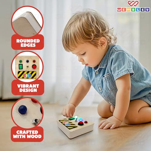 Image of Wembley Busy Board| Interactive & Engaging Game | Anti-Shock, Safe| Durable Wooden Busy Board with Smooth Edges| Battery-Operated with 3 Lights & Switches (3 Switches & Lights)