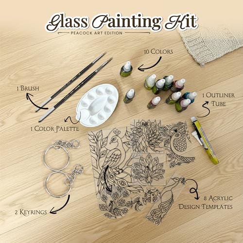 Image of The Crafthives Peacock Glass Painting Kit | DIY Stained Glass Peacock Art Set with Acrylic Frames, Colours, Brushes & Outliner | Creative Glass Painting Craft Kit for Kids Beginners Adults
