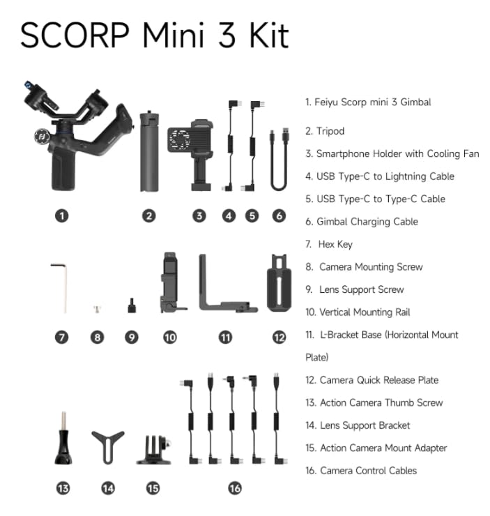 FeiyuTech SCORP Mini 3 [Kit] Gimbal Stabilizer for Mirrorless Cameras&Smartphone, 4.41lbs Payload, Built-in AI Tracking, Quick Vertical Shooting, for Sony/Canon/Nikon/Fujifilm/DJI Action/Gopro/iPhone