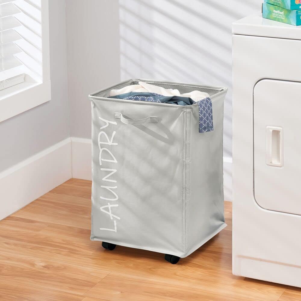 mDesign Fabric Laundry Hamper Basket with Handles, Drawstring Mesh Closure, Wheels - Portable and Foldable for Compact Storage - Single Hamper Design, Novelty Print - Gray/White Lettering