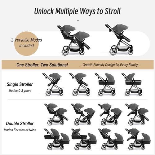 Double Stroller for Twins and Toddlers, Lightweight Aluminum Foldable Twin Stroller with Adjustable Backrest, Reversible Seat, 5-Point Harness, Storage Basket, Grey