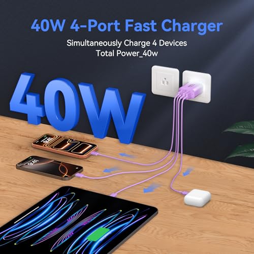 Image of USB C Wall Fast Charger Block, 40W 4-Port Type C Chargers Fast Charging Blocks PD Power Charger Adapter+QC 3.0 USB Multiport Charger Brick for Phone 17 /16 /15 /14 /13 /12 Pro Max, i-Pad, Galaxy S25-2Pack