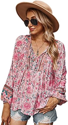 KAYWIDE Women's Casual Boho V Neck Top Loose Floral Printed Long Sleeve Beach Shirts Blouses