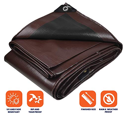 Image of Extra Heavy Duty 14 Mil Tarp Cover, Waterproof, UV Resistant, Rip and Tear Proof, Poly Tarpaulin with Reinforced Edges for Roof, Camping, Patio, Pool, Boat (Brown /Black 30′ X 50′)