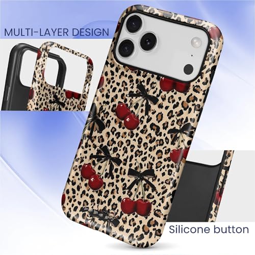 Coque iPhone 17 Pro Max rigide silicone motif léopard cerise nœud esthétique