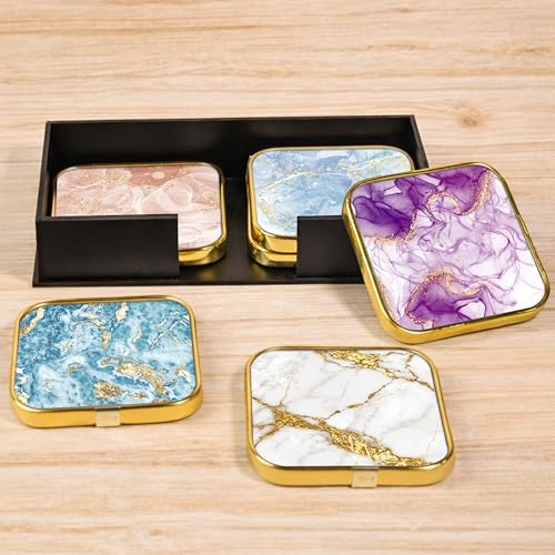 Image of Goelite Stylist Modern Wooden Coasters with Golden Border, Set of 6 with Stand, Handmade for Tea Cups, Coffee Mugs, Beer Mugs, 10 x 10 cm (Shells Pattern)