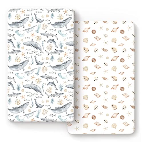 Image of GRSSDER Stretchy Ultra Soft Jersey Knit Fitted Crib Sheets Set 2 Pack, Fit All Standard Crib Mattresses Safe and Snug, Beautiful Marine Organism for Boys and Girls