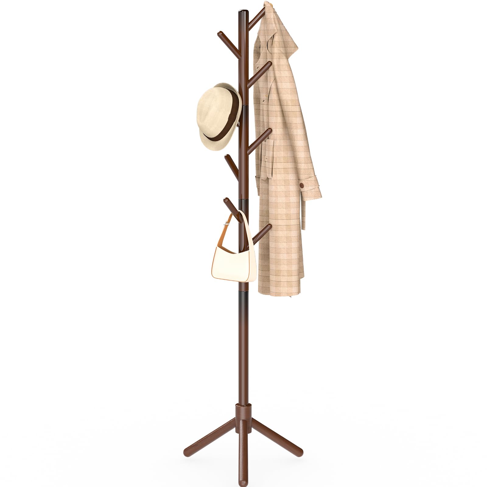 Attaccapanni da Terra, Appendiabiti Camera da Letto con 8 Ganci, Base Triangolare Stabile, per Ingresso, Corridoio, Entrata, in Legno, Marrone, 42×180cm