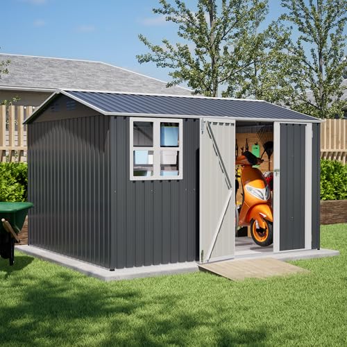 Image of YOPTO 10X8 FT Outdoor Storage Shed,Metal Shed W /Window,Floor Frame & Lockable Swing Door,Garden Tool House W / 4 Air Vents & Sloped Roof,for Backyard Patio Lawn,Gray