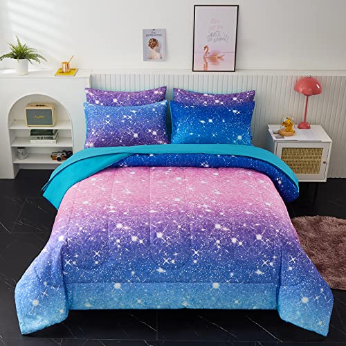 Inron Blue Glitter Comforter Sets For Girls Women,Full/Queen Size 5-Pieces Bed In A Bag Ultra Soft Microfiber Comforter And Sheet Sets, All Season Durable Bedding Set(Blue,Full/Queen) #TOP6