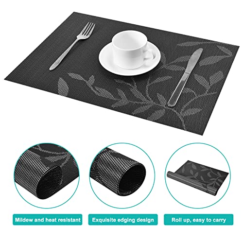 Miorkly Placemats and Coasters Sets of 6 Weaving Table Mats Resistant Washable Non-slip PVC Christmas Table Place Mats and Coaster Sets for Home Restaurant,Black Leaf - Image 3
