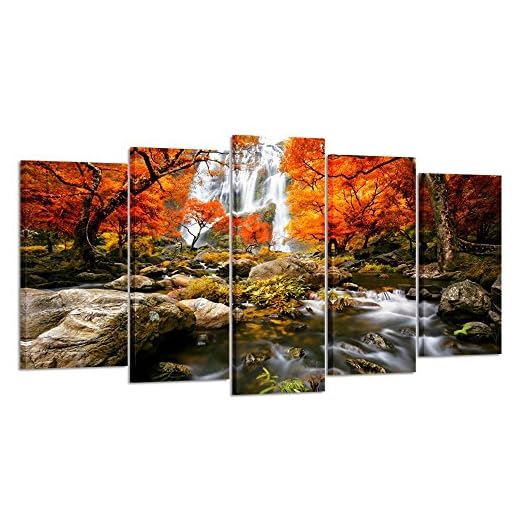 KREATIVE ARTS - Autumn Forest Waterfalls 5 Piece Modern Wrapped Giclee Canvas Prints Artwork Landscape Tree Paintings Pictures on Canvas Wall Art for Living Room (Large Size 60x32inch)