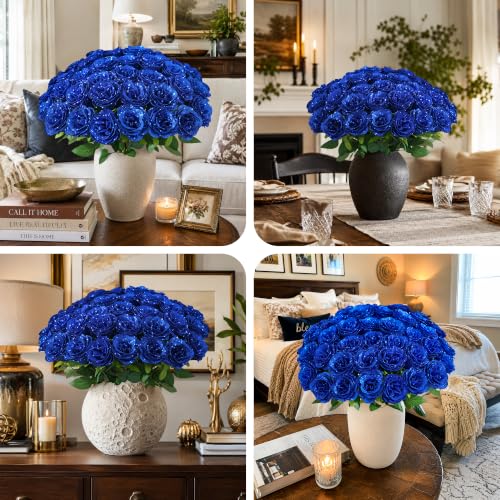 Image of 30 PCS Blue Roses Artificial Flowers, Fake Glitter Roses with Stem Realistic Silk Roses for Wedding Bouquets Table Centerpieces Arrangement Baby Shower Home Decor Anniversary Birthday Gift for Her