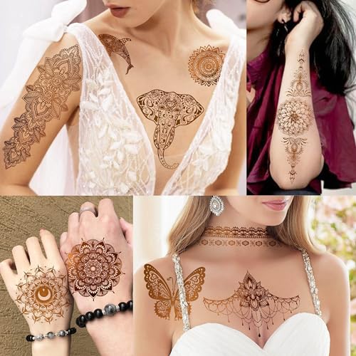 Image of VANTATY 9 Sheets 95+ Patterns Flash Gold Temporary Tattoos For Women, Vintage Indian Tribal Bohemia Lotus Mandala Flower Fake Jewels Tattoo Sleeve For Adults, Glitter Golden Metallic Tatoo Sticker