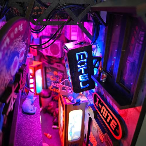 Image of Neo Ramen MiniAlley DIY Cyberpunk Book Nook Kit - Wooden Diorama with Neon Lights, Futuristic Ramen Shop & Endless Alley Illusion - Unique Collectible Display for Bookshelf or Desk