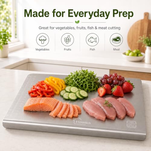 Image of Steel Chopping Board for Kitchen | Heavy-Duty Stainless Steel Kitchen Cutting Board | for Vegetables, Fruits, Meat & Fish | Anti-Skid, Food Safe & Rust Resistant Size 41.5 * 29 CM (Counter Top)