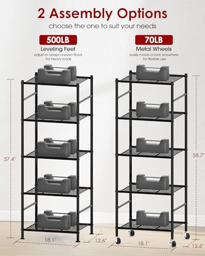 Image of Sakugi 5-Tier Storage Shelves 18.1x12.6x58.7 Black with Wheels | Kitchen, Closet, Pantry, Garage, Heavy Duty, Adjustable Feet, Metal Construction