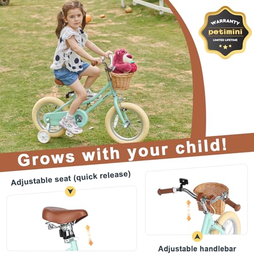 Image of Petimini Vintage Kids Bike for Girls, 12-20 Inch Classic Bicycle with Wicker Basket & Bell, High Tensile Steel Frame, Training Wheels (12-18 inch), 85% Pre-Assembled, Retro Bike for Outdoor Riding