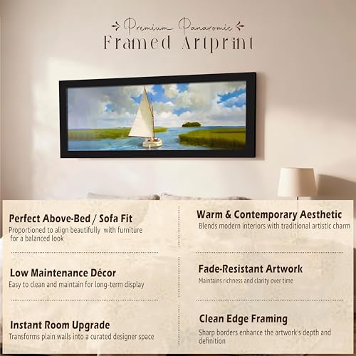 Image of PAINTINGMANTRA Swamp Area with Sailboat Landscape Wall Art Framed Luxury Paintings for Home Decoration, Living room, Bedroom and Office Decoration (99x38 CM)