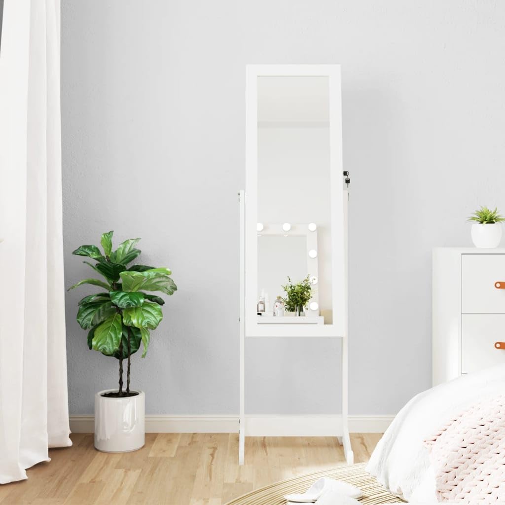 SHARK SHIP Elegant White Free Standing Mirror Jewellery Cabinet with LED Lights, Ample Storage, Lockable Design, Adjustable Mirror