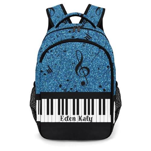 Custom Text Piano Key Music Note Glitter Blue Backpacks for Girls Boys School, Capacity School Backpacks for Kids Water-resistant Bookbags