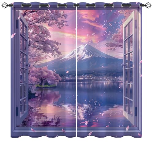Mount Fuji Blackout Curtains for Girls Kids Teen Boys Home Decor,Pink Sakura Nature Cherry Blossoms Grommet Thermal Insulated Drapes Darkening Window Curtain for Bedroom Living Room, 63 x 63 Inch