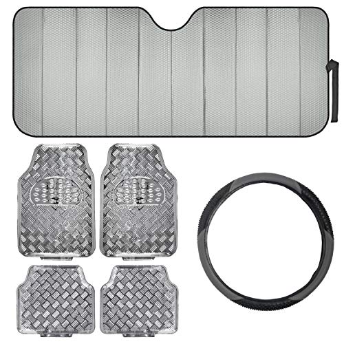 Car Accessory Gift Set, Includes Motor Trend Auto Sunshade, Bright PVC Floor Mats & Steering Wheel Cover, Holiday Combo Pack for Autos Truck Van SUV