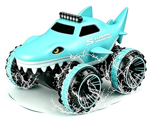 Direktladung Ferngesteuertes Auto mit LED Licht Amphibienfahrzeug in Hai-Optik für Land und Wasser 2.4GHZ Amphibien Wasserdichter RC Stunt Auto 360 Flips 15 km/h Kinderleichte Bedienung ab 4 Jahren