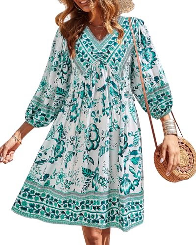 Image of BTFBM Women Casual Spring Summer Dresses V Neck 3 /4 Long Sleeve Ruffle Floral Flowy Boho Babydoll Mini Short Beach Dress