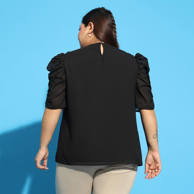 Image of oxolloxo Women Plus Size Round Neck Short Sleeve with Gather Pleates Ruffle Detail Top
