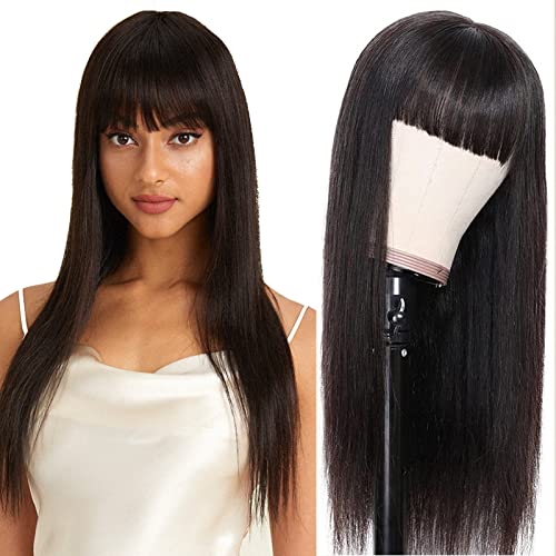 DÉBUT Silky Straight Bangs Wig Human Hair, Non Lace Front Glueless Wigs, Unprocessed Brazilian Virgin Hair Machine Made Wigs with Bangs 130% Density Natural Color 16 Inch