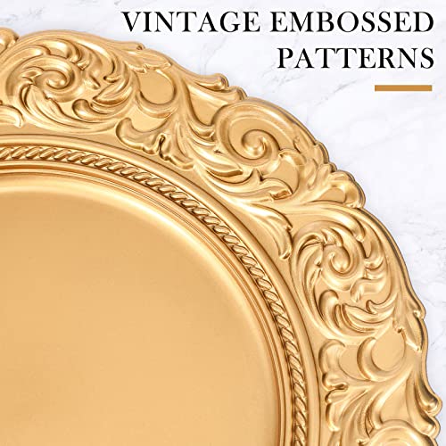 Yinder Set Of 12 Antique Gold Charger Plates 13 Inch Plastic Vintage Plate Chargers Decorative Embossed Gold Chargers Engraved Baroque Rim Elegant Tableware Decor For Dinner Table Wedding Party Events #TOP2