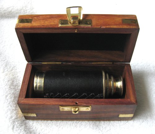 Antik Fernrohr Messing Teleskop ausziehbar auf 25cm mit Leder in Holzbox 8214